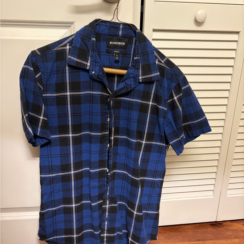 Bonobos Men's Casual Blue and Black Plaid Shirt size M tailored fit